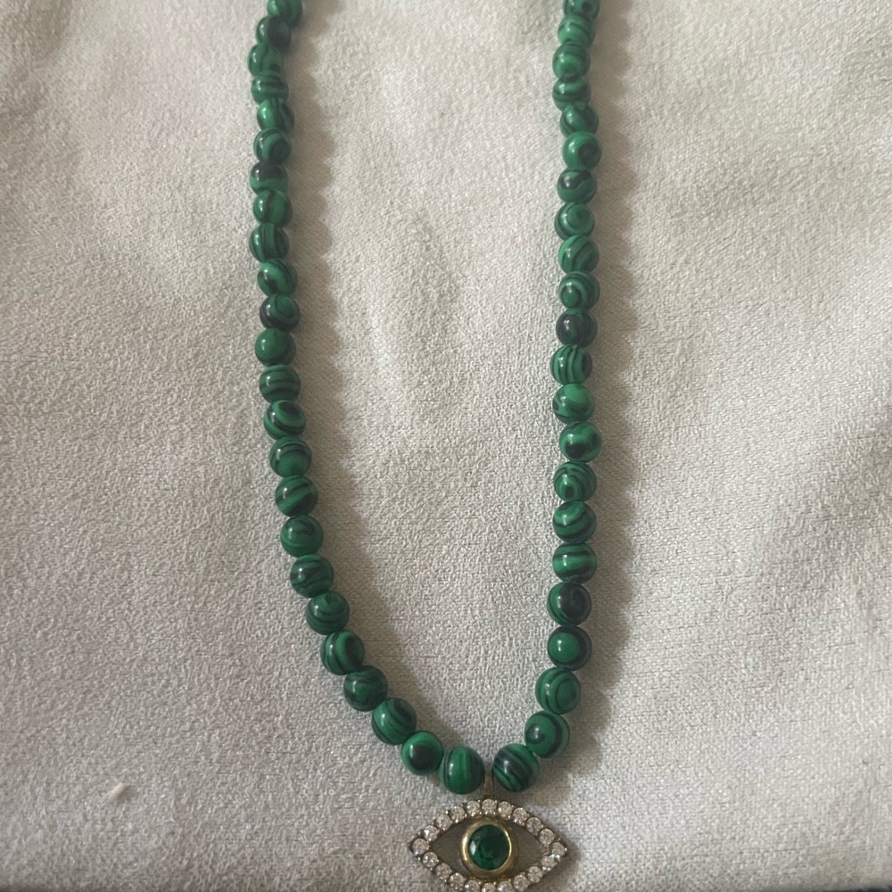 Green Beaded Necklace with Eye Pendant
